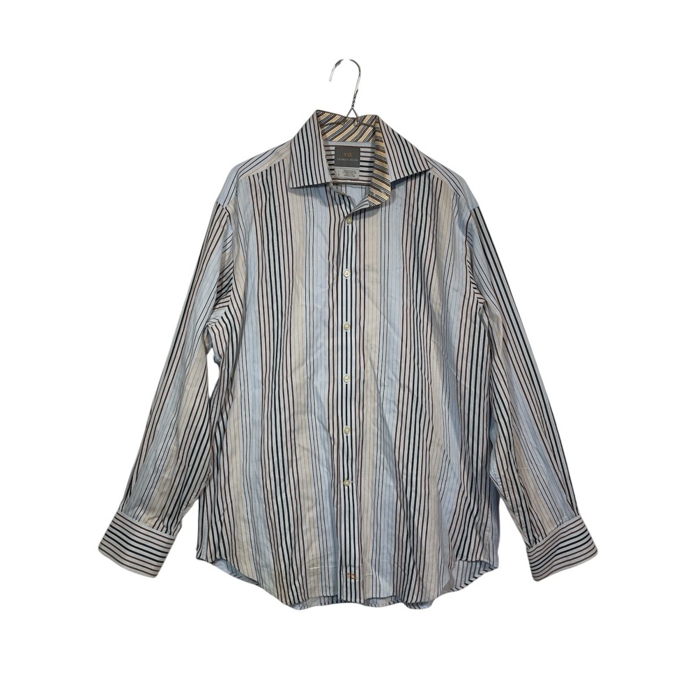 Thomas Dean‎ Button Down Shirt Mens Large Blue Brown Striped  Long Sleeve